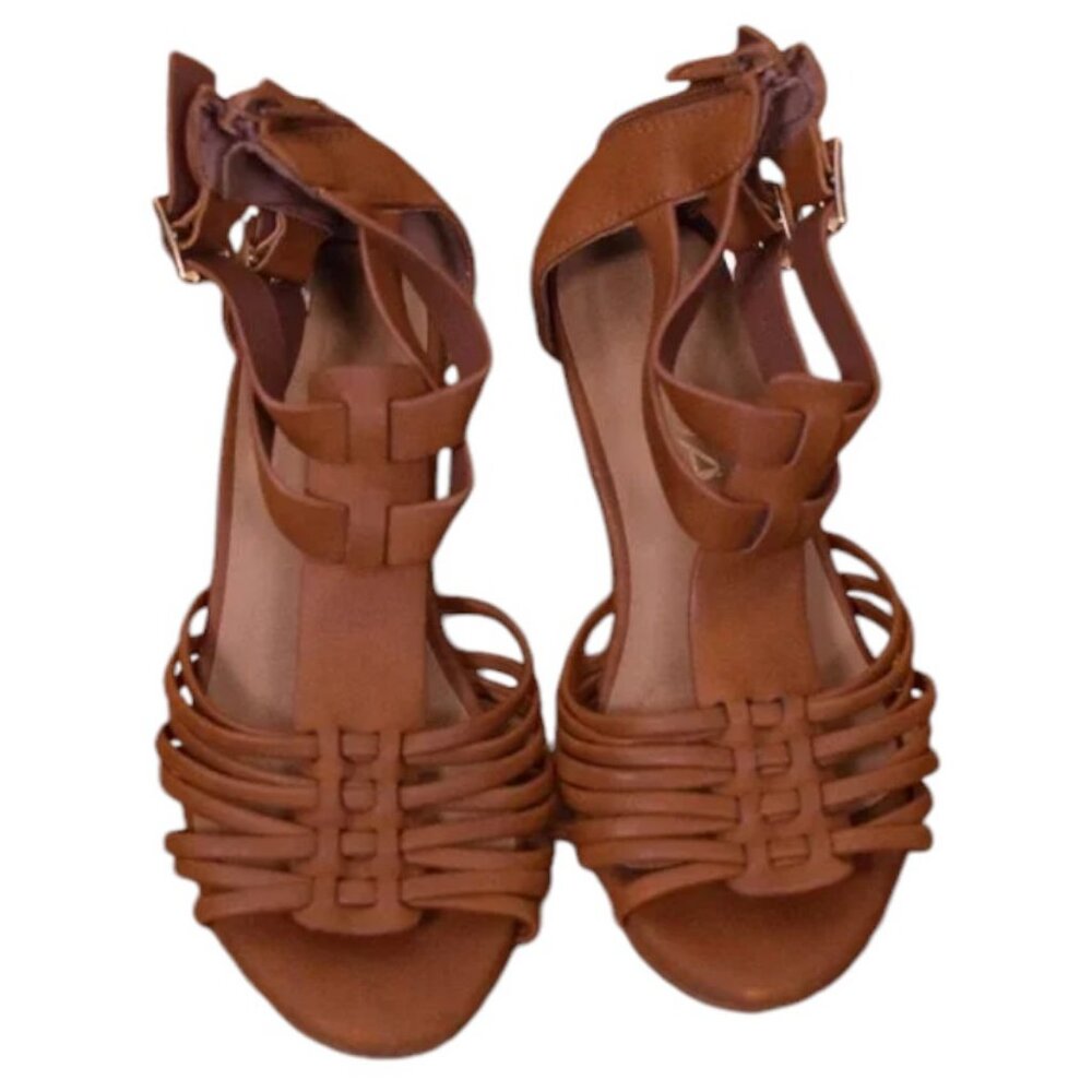 Girls SODA Cognac Kitten Heel Leather Upper Gladiator Wedge Sandals - Size 12 M